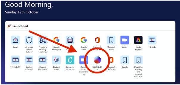 A screenshot of the launchpad in the NSW Department of Education’s student portal. The link to NSWEduChat has been highlighted with a red circle and arrow. 