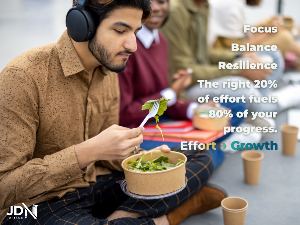 NSW Year 12 student displaying a growth mindset by maintaining focus while studying with a healthy meal beside them. 