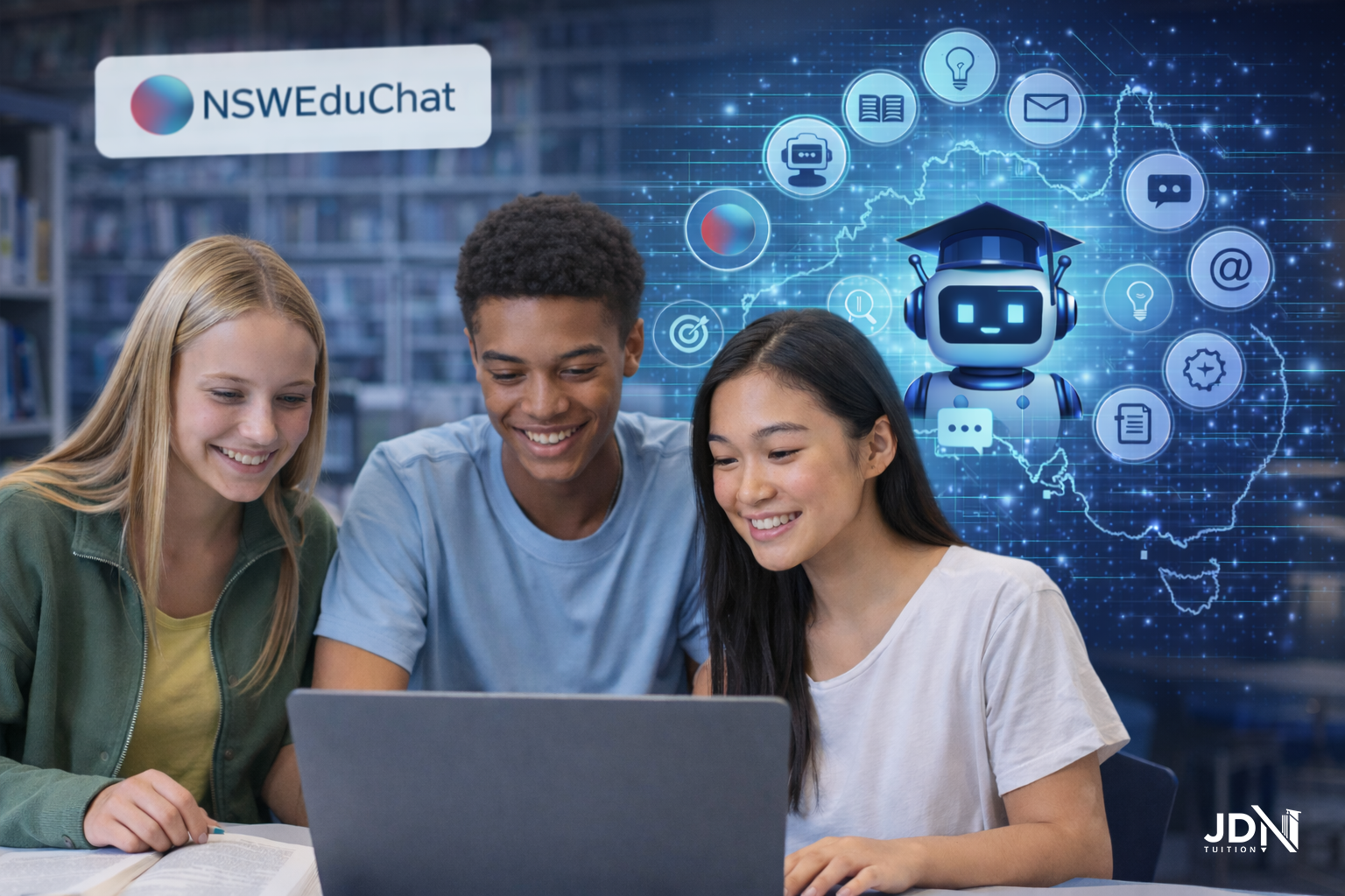 High school students studying together using an AI tool.