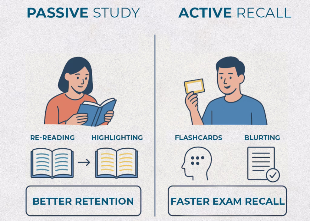 Infographic comparing passive study (re-reading, highlighting) with active recall techniques (flashcards, blurting, past papers), showing benefits like better retention and faster exam recall.