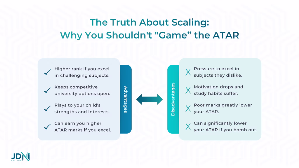 A table comparing the advantages and disadvantages of picking HSC courses purely for their scaling potential.