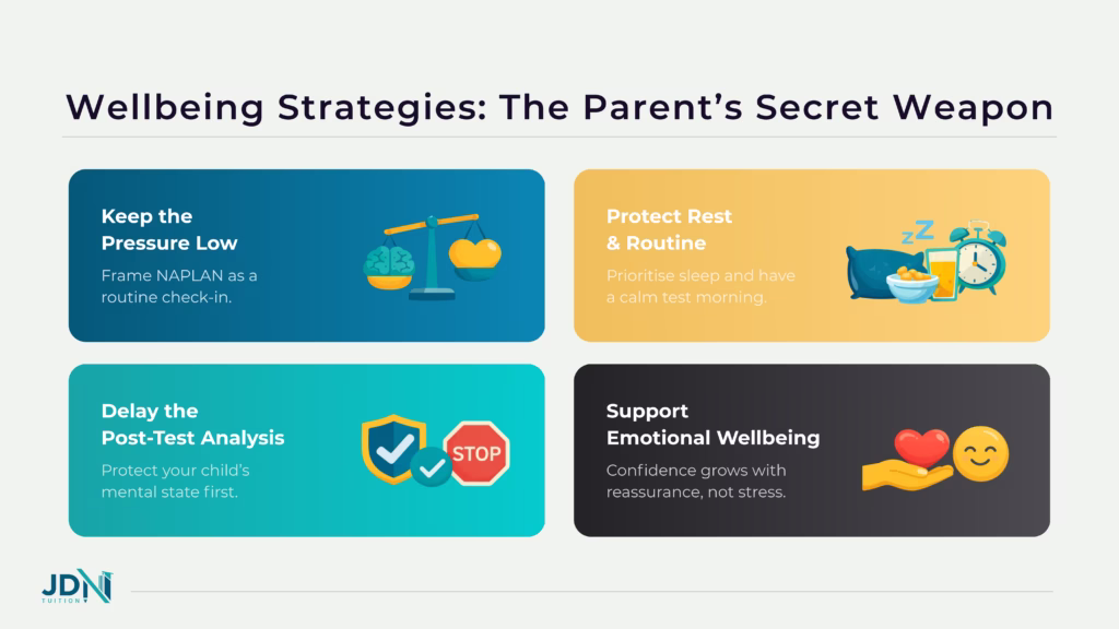 An infographic titled 'NAPLAN Wellbeing tips' featuring icons for '8 Hours Sleep', 'Protein-Rich Breakfast', 'Positive Affirmations', and 'Deep Breathing.'