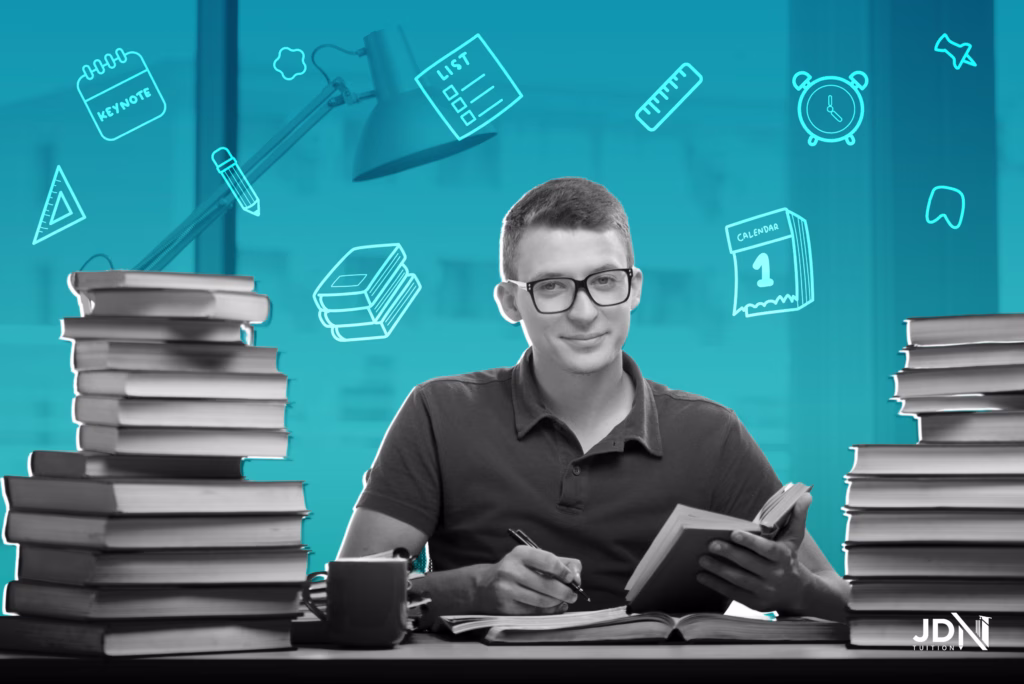 A calm Australian high school student smiling while using a structured hsc study plan on a laptop, contrasting with a messy pile of textbooks.