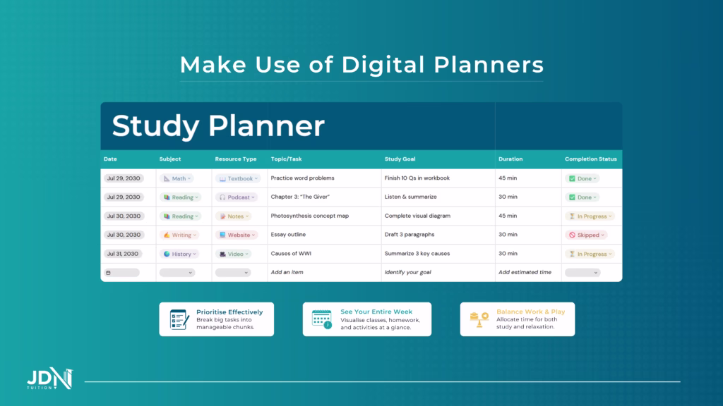 A simple weekly digital calendar layout with different coloured blocks for lessons, homework, and rest breaks.