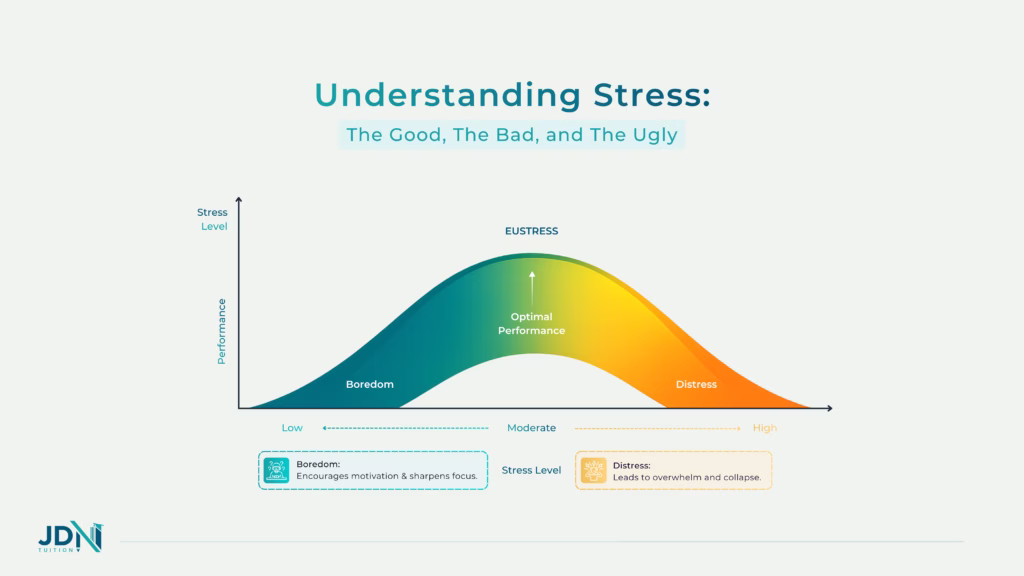 A bell curve diagram illustrating the difference between eustress (optimal performance) and distress (burnout), emphasising the importance of boredom in regulating stress levels.