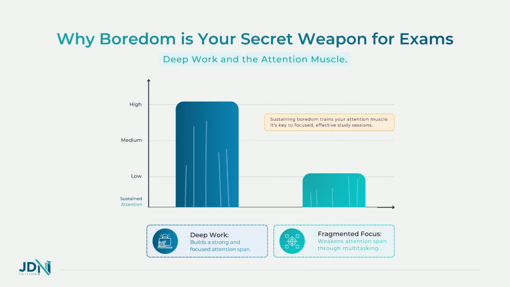 A line graph comparing the sustained attention span of students engaging in deep work versus the fragmented attention span of those multitasking.