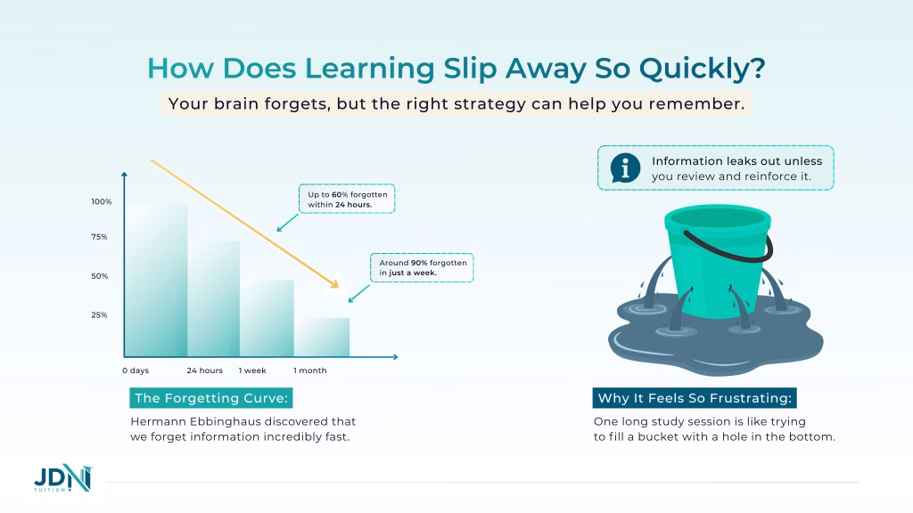 A graph of the forgetting curve, showing how information is lost over time.