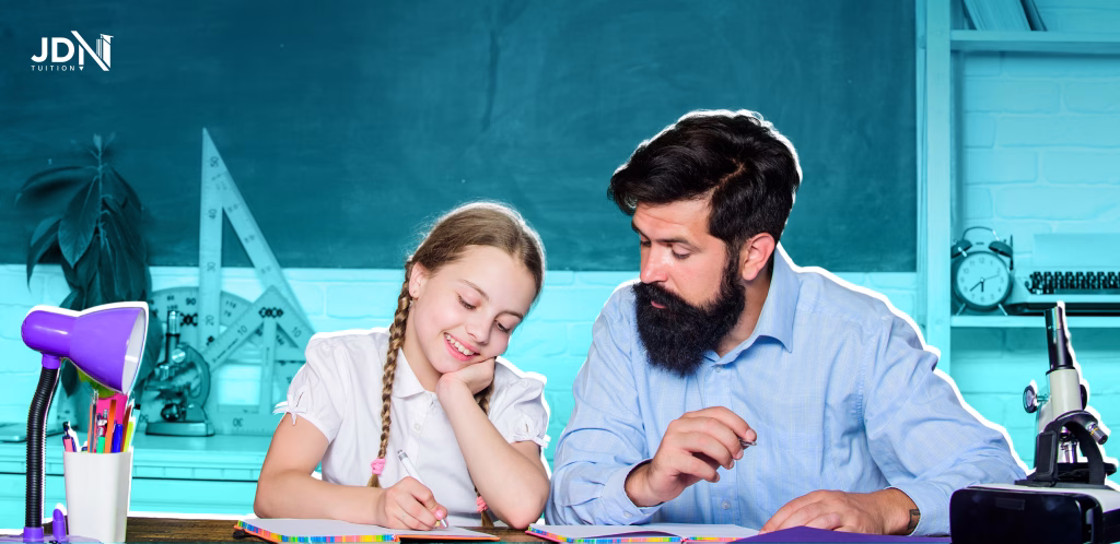 Infographic shows a student engaged in interactive online learning session with tutor.