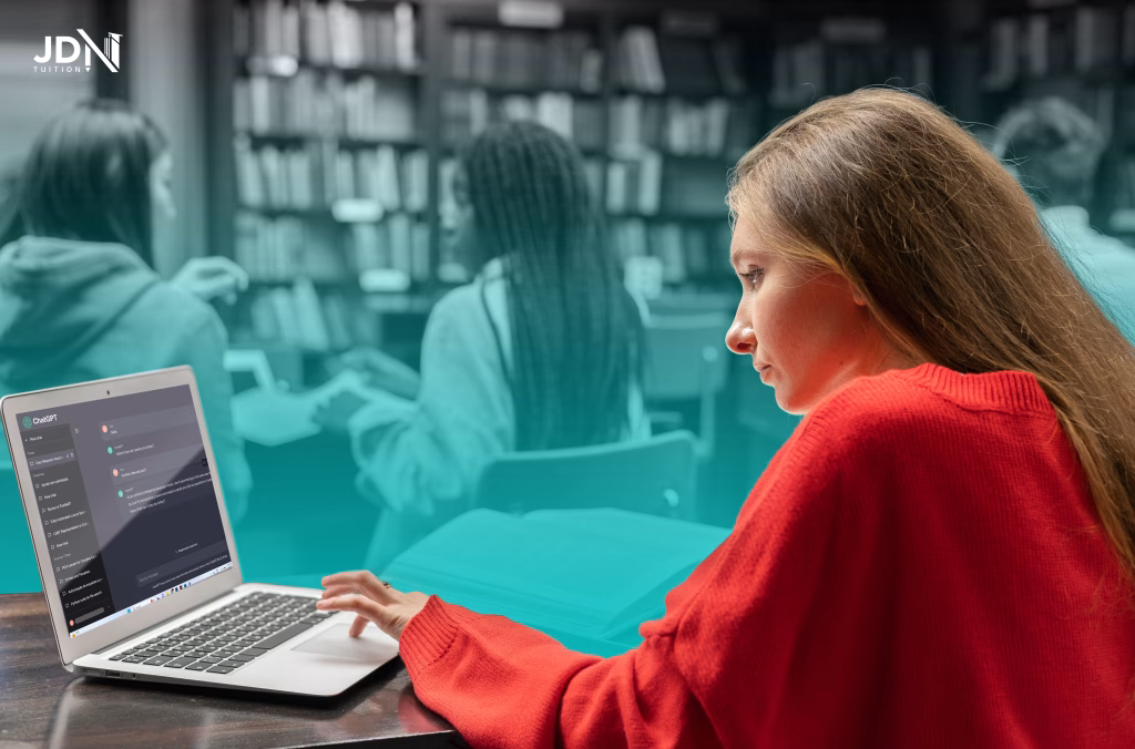 A student sitting at a desk using a laptop to type a ChatGPT prompt for schoolwork