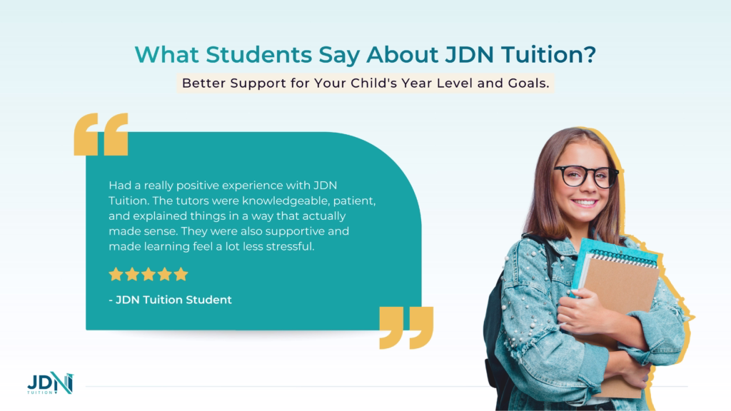 Parent review praising JDN Tuition's knowledgeable, patient tutors and supportive learning experience and tutoring services.