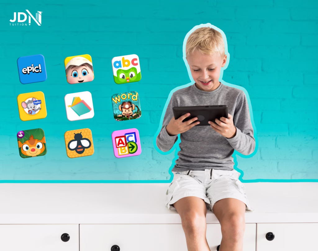 A child happily reading on a tablet in a cosy home setting.