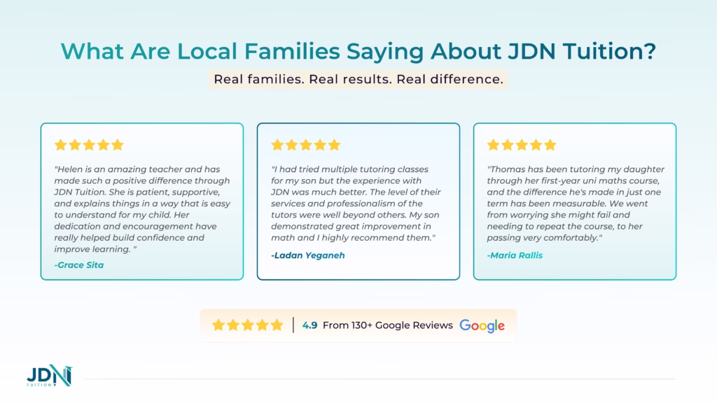 Five-star comparison of JDN Tuition parent reviews highlighting confidence, results and tutor quality.