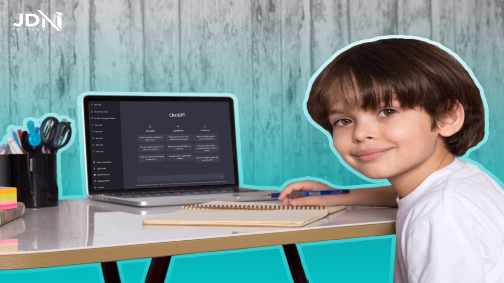 A secondary school student sitting at a desk late at night with a laptop open to an artificial intelligence.