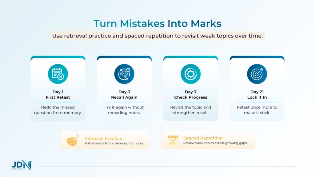 Spaced repetition schedule, one of the HSC revision strategies that works: retest a missed question on day 1, day 3, day 7 and day 21